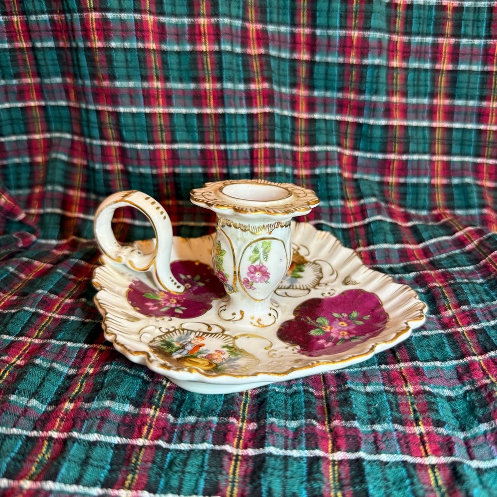Exquisite Vintage Handled Candlestick Holder Reticulated China